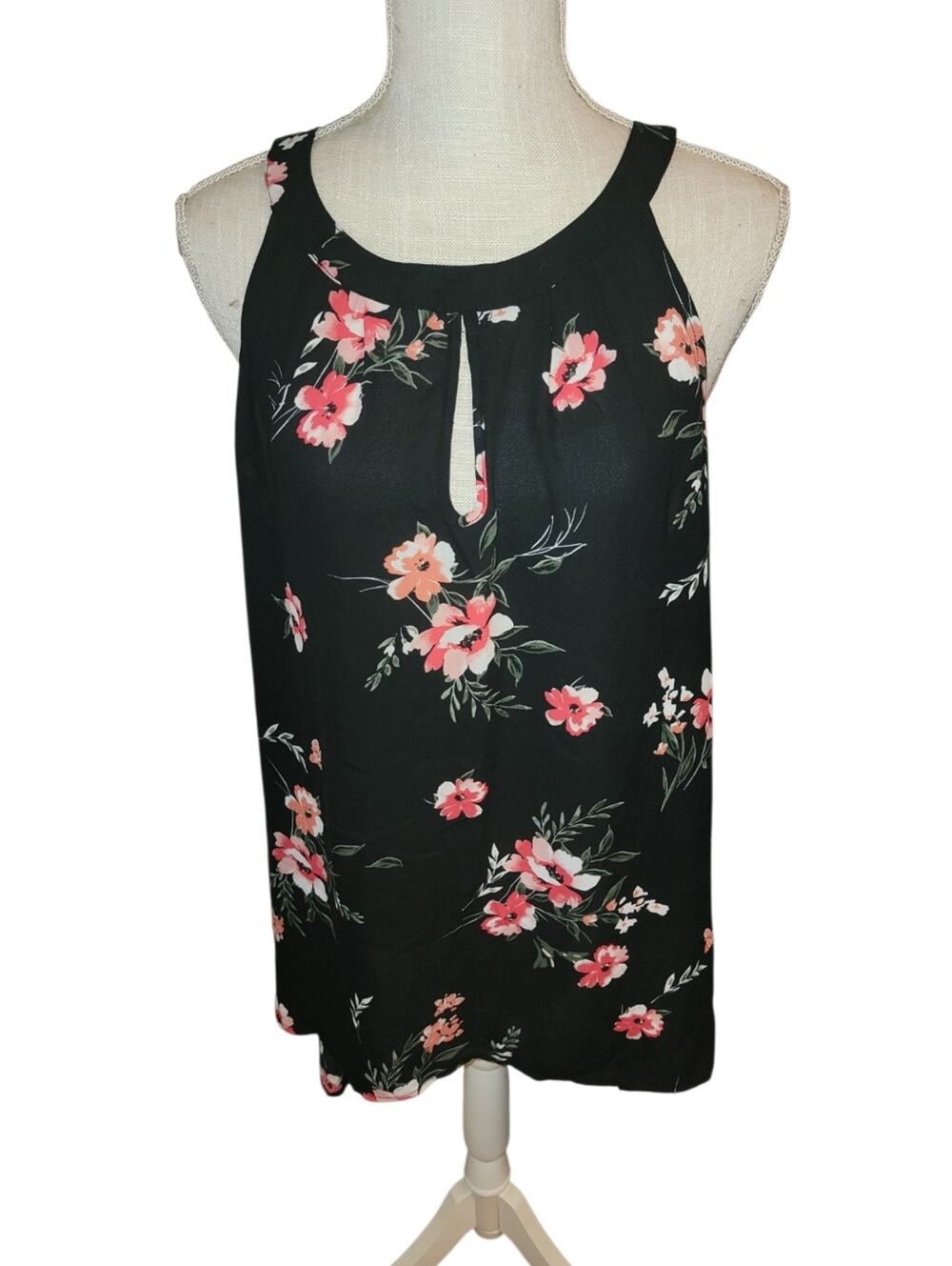 Torrid Black Floral Sleeveless High-Neck Hi-Lo Keyhole Tank Blouse Size 1/1x